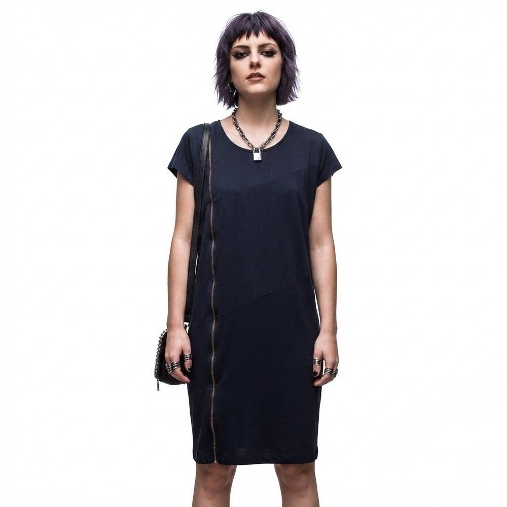 Yest Zipper Tunic Dress Womens Small Navy Blue Asymmetric Avant Garde Edgy